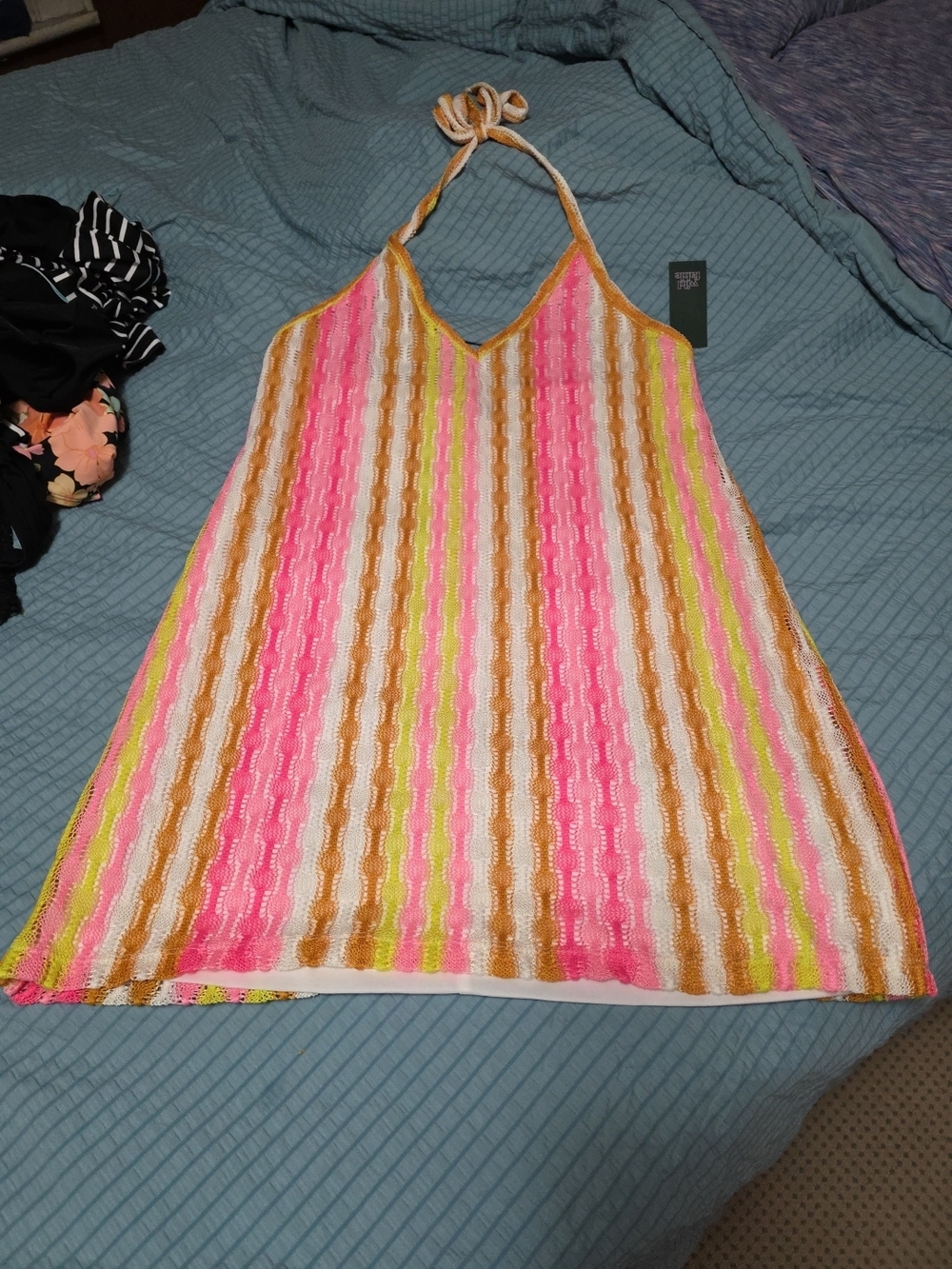 NWT Striped Halter Beach Cover-Up in Pink, Yellow & Tan